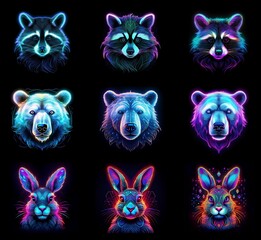 Poster - Nine vibrant animal portraits: raccoons, bears, and rabbits.  Neon colors illuminate their fur, creating a mystical, glowing effect against a dark background.  Each animal has a slightly different col