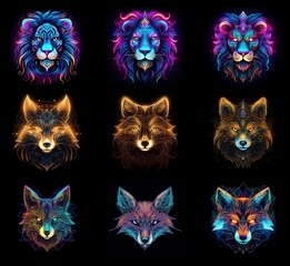 Poster - Nine vibrant animal portraits: lions and foxes.  Geometric patterns and neon colors create mystical, glowing effects against a black background.  Each animal displays a unique color palette.