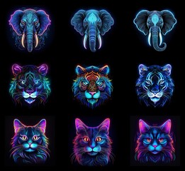 Poster - Nine vibrant animal portraits: elephant and tiger heads in neon blue, and cat faces in neon purple, pink, and blue.  Each showcases intricate details and glowing effects against a black background.