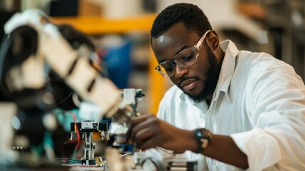 Aufkleber - An engineer meticulously works on a robotics system, adjusting components with precision in a well-lit laboratory. The atmosphere is filled with innovation and creativity