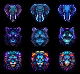 Poster - Nine vibrant, neon animal portraits: elephants, tigers, and lions.  Intricate designs glow against a black background, showcasing majestic creatures in a digital art style.