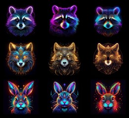 Poster - Nine vibrant animal portraits: raccoons, foxes, and rabbits.  Each features a unique neon color scheme and intricate, geometric designs.  Mystical and captivating, these digital artworks are perfect f