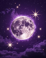 Poster - Deep purple with glowing moon surrounded by radiant stars abstract background