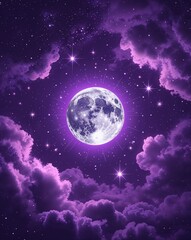 Poster - Deep purple with glowing moon surrounded by radiant stars abstract background