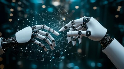 Poster - Two robotic hands extend towards each other, poised for connection, amidst a vibrant backdrop of swirling digital patterns and lights, representing advanced technology in a cybernetic world