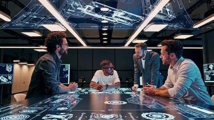 Poster - Engineers collaborate in high-tech design meeting at innovation center creating advanced prototypes and solutions