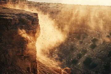 Rockfall at sunset, dust and debris cloud erupting from a cliff face in a dramatic display of nature's power.