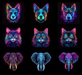 Fototapete - Neon-colored portraits of dogs, cats, and elephants.  Vibrant hues illuminate the animals' faces against a dark background.  The style is bold and graphic.