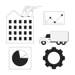 Poster - Industrial logistics black and white 2D line objects set. Manufacturing, analytics. Factory, truck, pie chart, gear isolated clip arts vector outline items collection. Monochrome spot illustrations