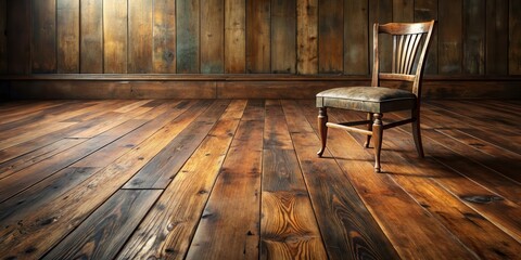 Aufkleber - A solitary wooden chair sits on a rich, dark hardwood floor against a rustic wood-paneled wall.