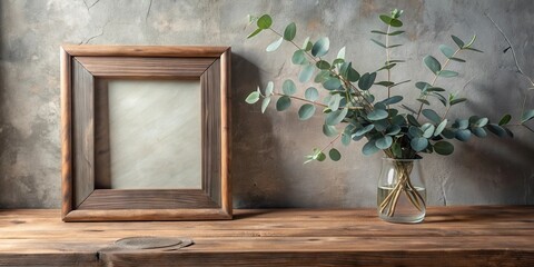 Poster - Rustic wooden frame and eucalyptus branches in glass vase on wooden surface against textured wall