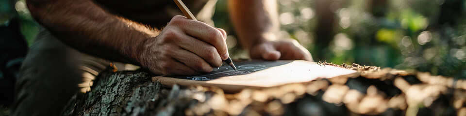 Canvas Print - Person Drawing on Dark Surface with Pencil on Tree Stump