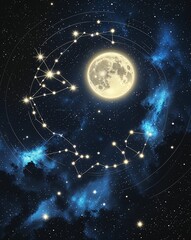 Poster - Midnight black with bright star constellations circling a glowing moon abstract background