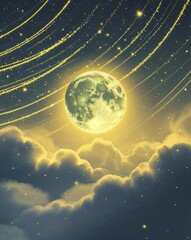 Poster - Pale yellow with dreamy moon glow and misty star trails abstract background