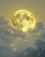Poster - Pale yellow with dreamy moon glow and misty star trails abstract background