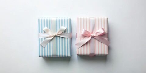 Poster - Two elegantly wrapped presents with pastel stripes and delicate bows rest on a smooth surface