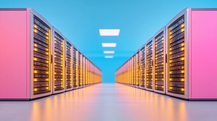 Poster - A vibrant data center with rows of servers illuminated by warm lights, creating a modern, technological ambiance.
