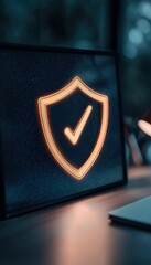 Poster - Neon shield icon with a checkmark, symbolizing security and protection, illuminated against a dark background.