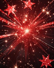 Poster - Red glitter stars with radiant bursts of glowing sparkles abstract background