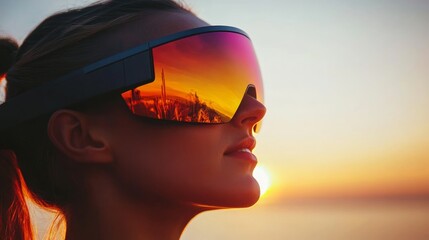 Wall Mural - A woman gazes into the sunset, wearing fashionable sunglasses that reflect vibrant colors, capturing a peaceful moment by the ocean