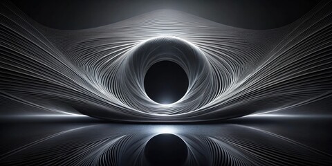 Wall Mural - Abstract grayscale rendering of swirling, layered lines forming a tunnel-like structure with a dark central void and reflective surface