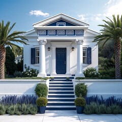 Wall Mural - Greek Revival house white and navy on plain white background