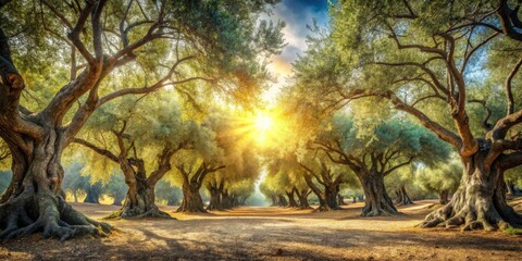 Poster - Golden sunlight streams through ancient olive trees, creating a serene and peaceful grove.