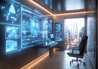 Poster - Modern healthcare room with digital diagnostics and city view