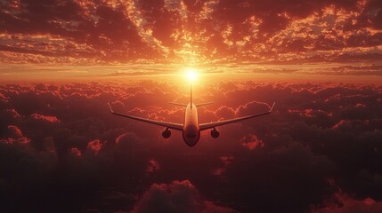 Poster - An airplane glides smoothly through a sky painted with fiery colors as the sun sets below the horizon. The clouds illuminate as day transitions to night, creating a breathtaking sight