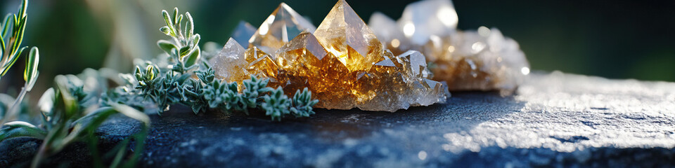 Wall Mural - Smoky Quartz Crystal Cluster on Stone with Green Foliage