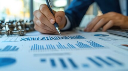 Poster - Businessman examining financial charts and graphs, developing innovative production strategies using data analysis and market research to optimize efficiency and profitability