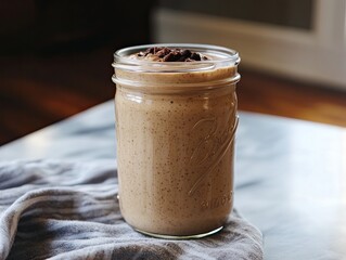 Creamy chocolate smoothie in mason jar topped with chocolate pieces