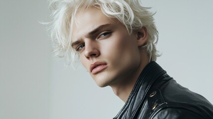 Poster - A striking young man with platinum blonde hair gazes confidently at the viewer, showcasing a bold expression