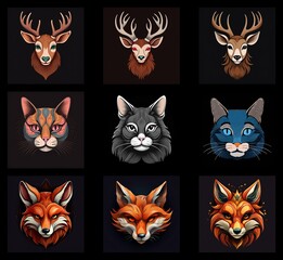Aufkleber - Nine stylized animal portraits: three deer, three cats, and three foxes.  Each animal head is presented against a dark background, showcasing vibrant colors and detailed features.  The illustrations h