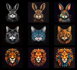 Poster - Nine stylized animal portraits: rabbits, cats, and lions.  Each animal is depicted in three color variations: grayscale, realistic, and ornate.
