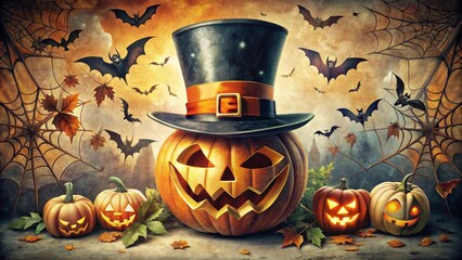 Poster - A whimsical Halloween scene featuring a large carved pumpkin wearing a top hat, surrounded by smaller jack-o'-lanterns, bats, and autumn leaves, creating a festive spooky ambiance.