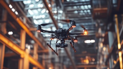 Poster - professional drone with camera flying in large industrial warehouse, monitoring and controlling inno