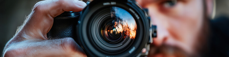 Wall Mural - Close-up of Photographer Holding Camera with Lens Reflection