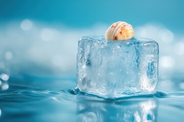 Wall Mural - Seashell Resting Atop An Ice Cube In Blue Water