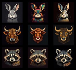 Aufkleber - Nine vibrant animal portraits: three rabbits, three bulls, and three raccoons. Each creature is depicted with detailed fur and expressive eyes against a dark background.  A collection showcasing diver