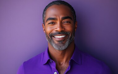 Wall Mural - A man with a purple shirt is smiling and looking at the camera