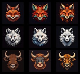 Poster - A collection of stylized animal head illustrations.  Foxes in varying color palettes and a bull are depicted in a geometric, almost mystical style.