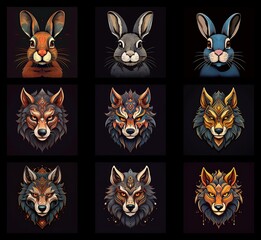 Poster - Nine stylized animal portraits: three rabbits and six wolves.  Each features intricate patterns and vibrant colors, creating a mystical, decorative aesthetic.