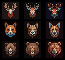 Poster - A grid showcasing stylized animal portraits.  Deer, dogs, and bears are depicted with vibrant colors and simplified details, creating a modern, graphic aesthetic.