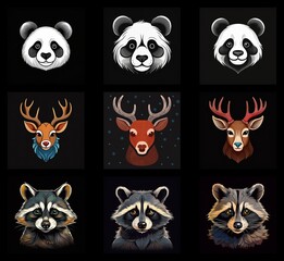 Aufkleber - Nine stylized animal portraits: panda, deer, and raccoon.  Each animal is depicted in three color variations against a black background.  The style is cartoonish, yet detailed.