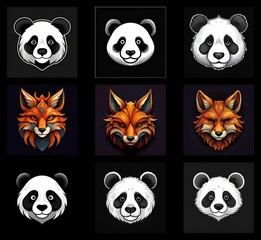 Poster - Nine stylized animal portraits: three panda and three fox variations. Each animal is depicted in different color palettes and styles, showcasing diverse artistic interpretations.