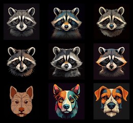 Aufkleber - Nine raccoon portraits, variations in color and shading, plus three dog portraits in vibrant, stylized art.  A collection showcasing animal headshots.
