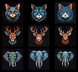 Aufkleber - A collection of stylized animal portraits.  Cats, deer, and elephants are depicted in varying shades of blue and brown, showcasing intricate details and a majestic aesthetic.
