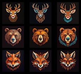 Aufkleber - Nine stylized animal portraits: deer and bears in varying color palettes, and foxes with ornate details.  A collection of wildlife headshots.