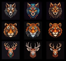 Aufkleber - A collection of nine vibrant animal portraits.  Wolves, tigers, and deer are depicted in ornate, colorful styles against a dark background. Each animal head is unique and detailed.